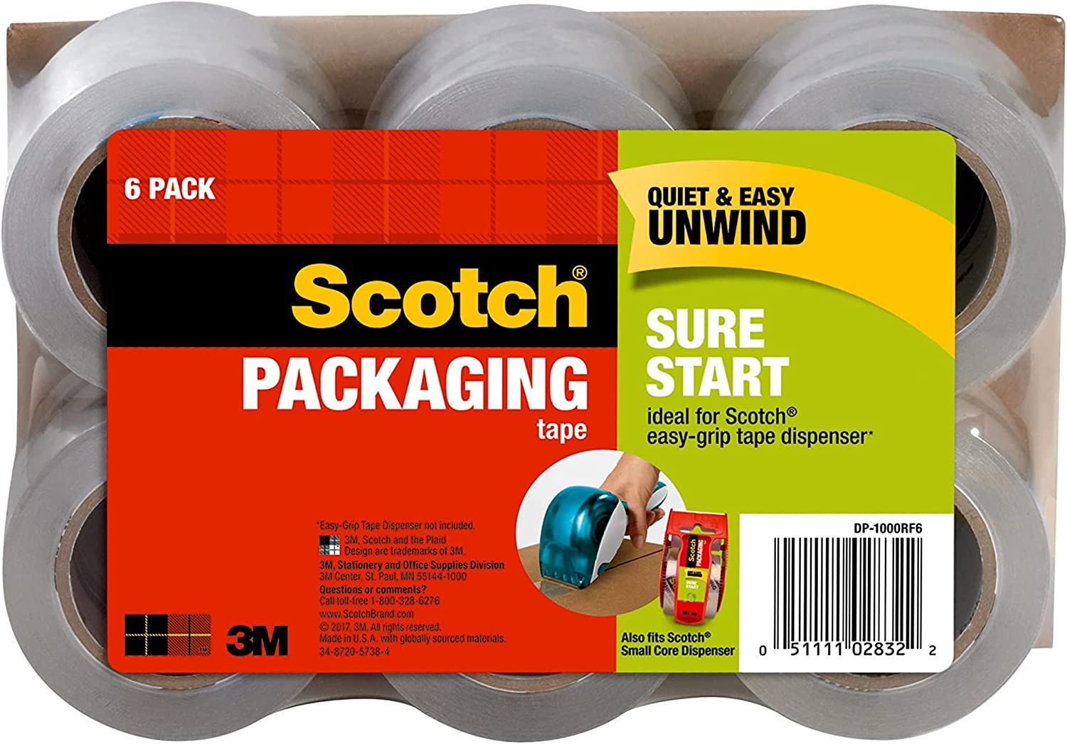 Scotch Sure Start Shipping Packaging Tape, 1.88" x 25 yd, Designed for Packing, Shipping and Mailing, No Splitting or Tearing, 1.5" Core, Clear, 6 Rolls (DP-1000RF6)