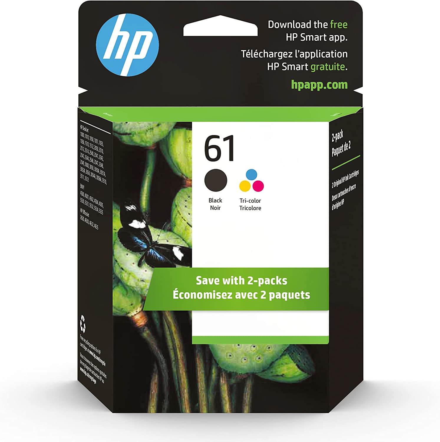HP 61 Black/Tri-color Ink (2 Count - pack) | Works with DeskJet 1000, 1010, 1050, 1510, 2050, 2510, 2540, 3000, 3050, 3510; ENVY 4500, 5530; OfficeJet 2620, 4630 | Eligible for Instant Ink | CR259FN
