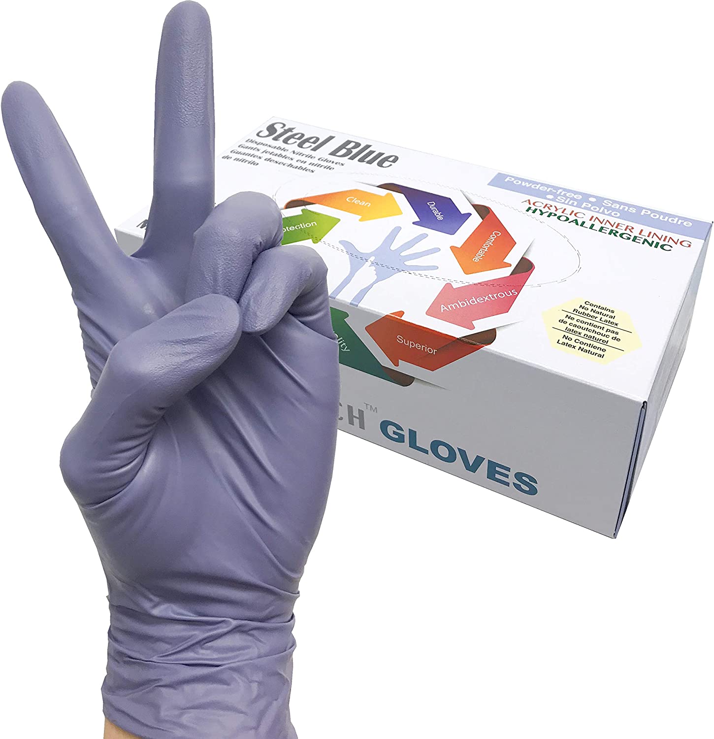 Infi-Touch Disposable Gloves, Steel Blue Heavy Duty Nitrile Gloves, 9.5" Length, Powder Free, 6 Mil Thickness, Large, Pack of 100