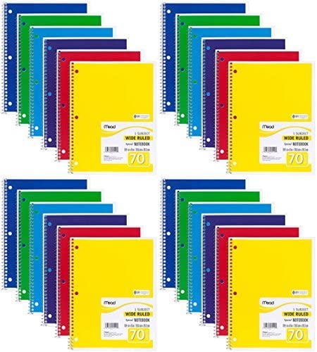 Mead Spiral Notebook, Wide Ruled, 1 Subject, 70 Sheets, 8 x 10.5 Inches, Assorted Colors (05510) Pack of 24