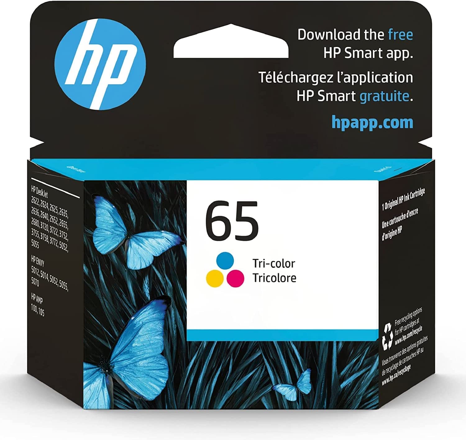HP 65 Tri-color Ink Cartridge | Works with HP AMP 100 Series, HP DeskJet 2600, 3700 Series, HP ENVY 5000 Series | Eligible for Instant Ink | N9K01AN