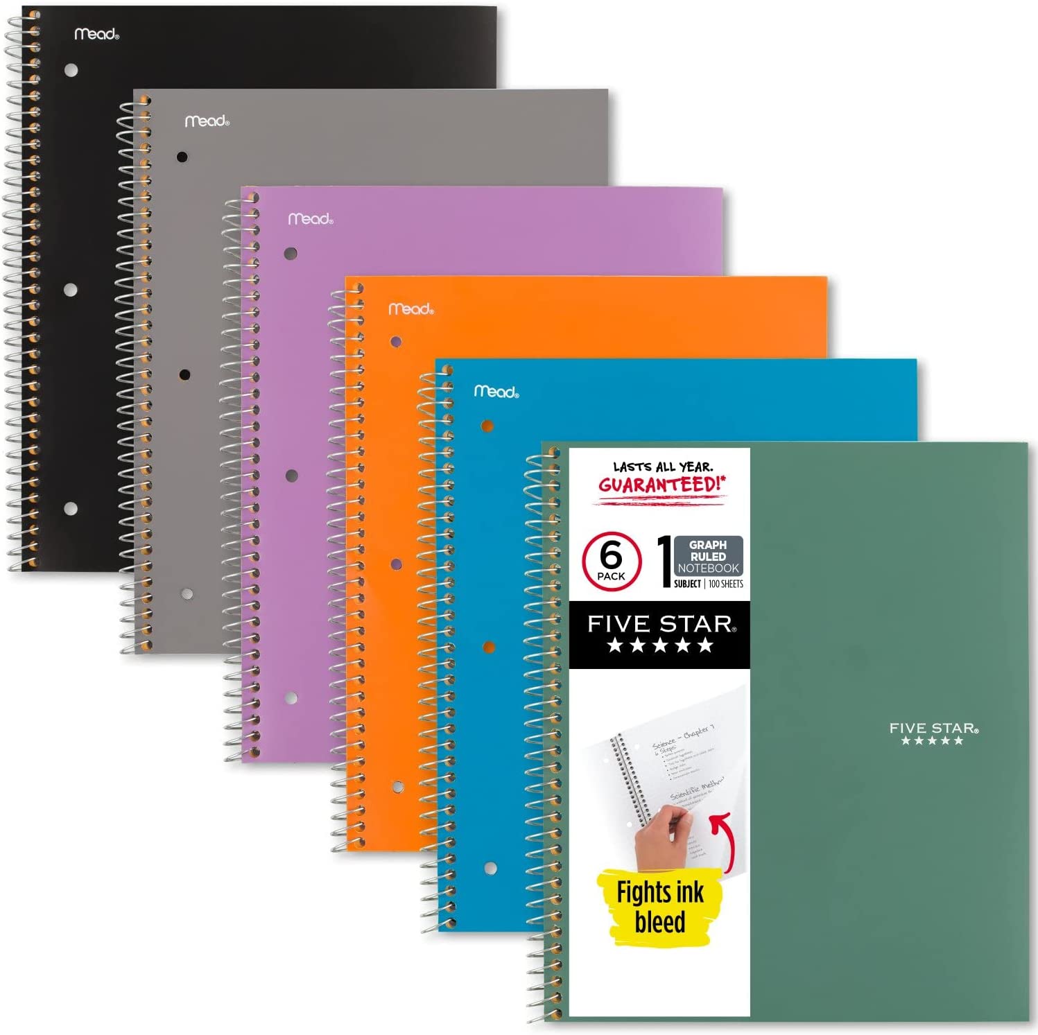 Five Star Spiral Notebooks, 6 Pack, 1-Subject, Graph Ruled Paper, 11" x 8-1/2", 100 Sheets, Assorted Colors Will Vary (73549), 6 Count (pack of 1)