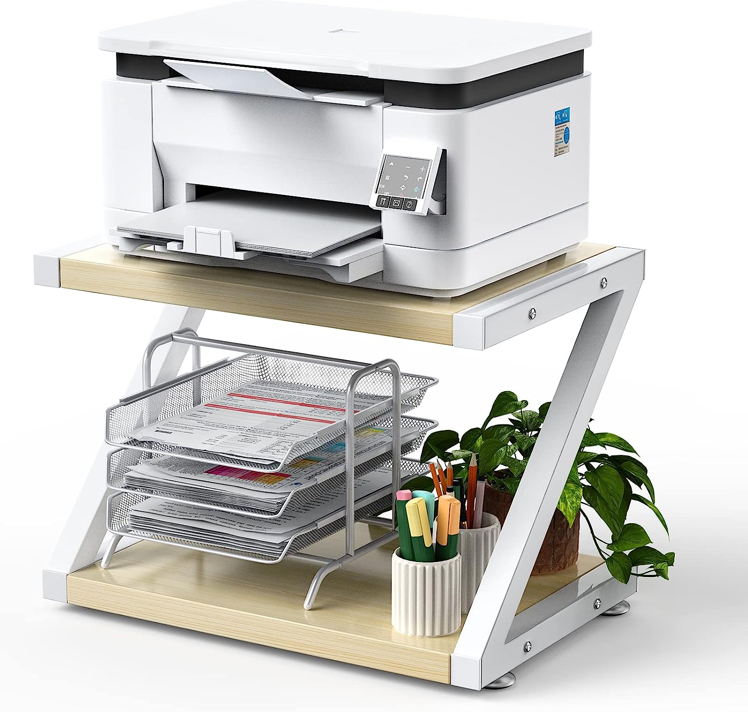 HUANUO Printer Stand, Desktop Stand for Printer, Printer Stand with Storage, Desktop Shelf with Anti-Skid Pads, Printer Table Organizer, Printer Shelf w/ 2 Tier Tray & Hardware & Steel (Light Wood)