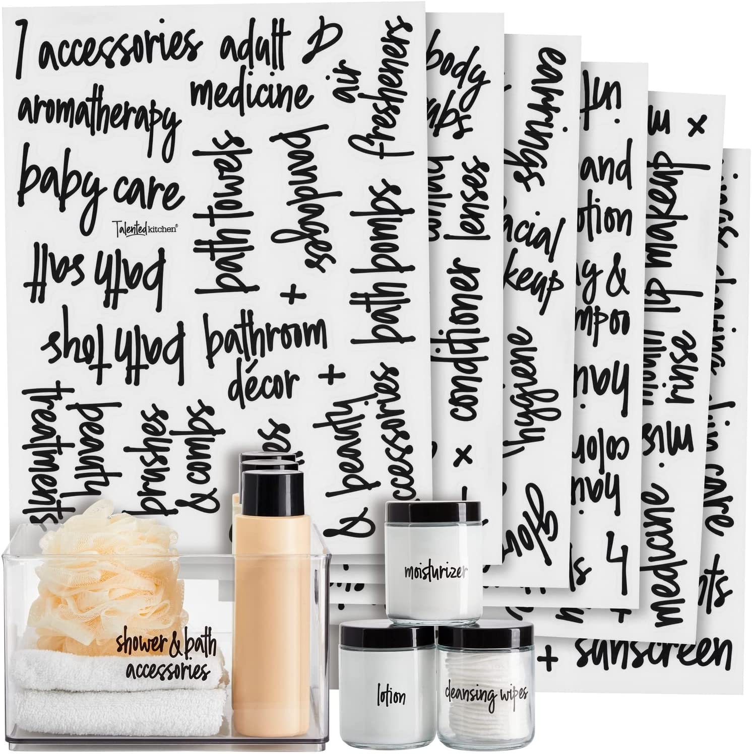 Talented Kitchen 192 Pack Preprinted Bathroom Labels for Containers, Black on Clear Stickers for Organizer Bins, Bath, Beauty Canisters, and Makeup Storage Organization