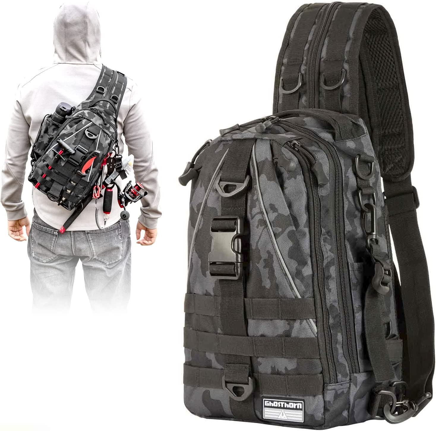 Ghosthorn Fishing Backpack Tackle Sling Bag - Fishing Backpack with Rod Holder - Tackle Box Fly Fishing Gifts for Men Women