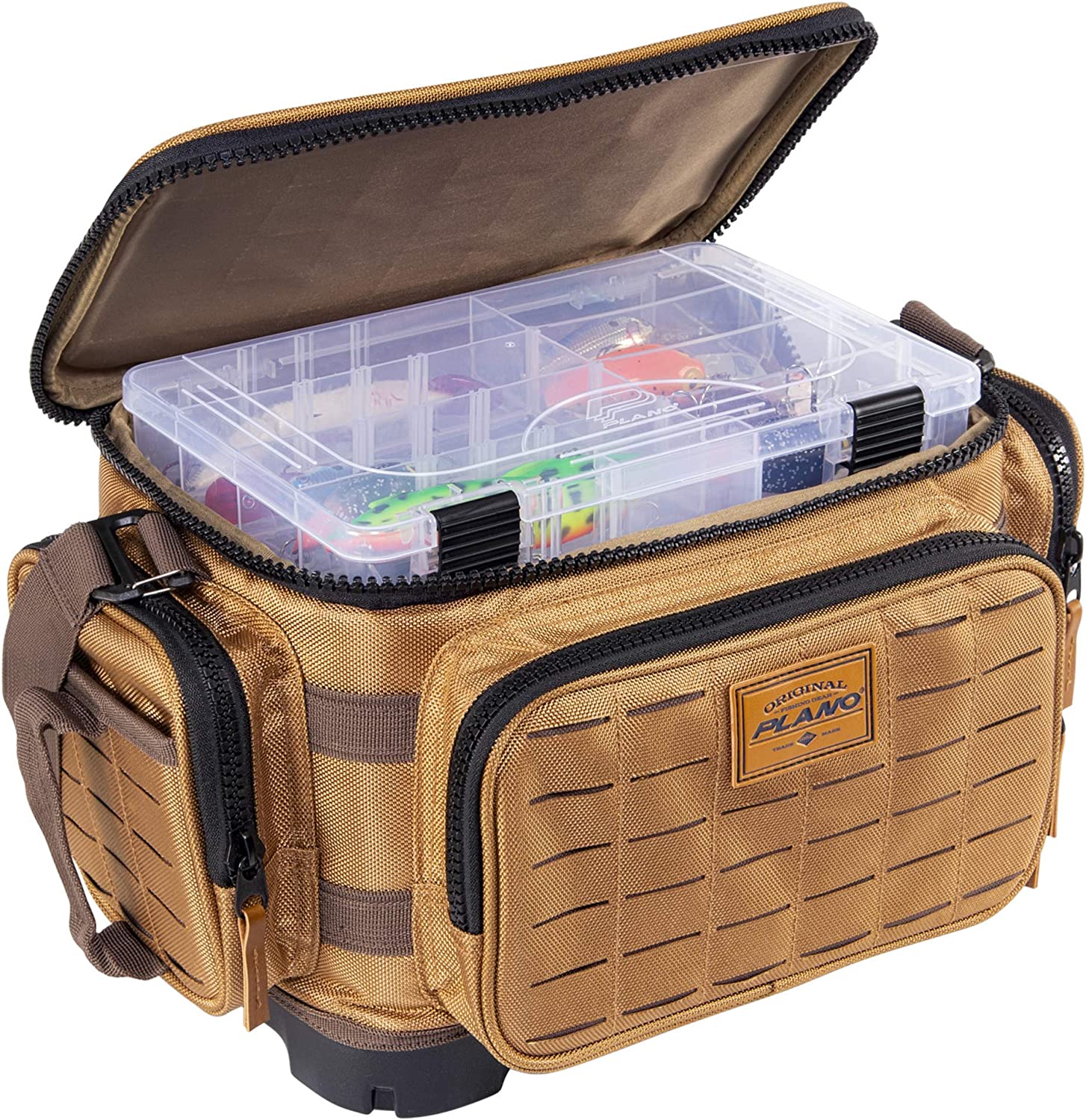 Plano Guide Series 3600 Tackle Bag, Medium, Beige 1680 Denier Fabric with Waterproof Base, Includes 5 Stowaway Utility Boxes, Premium Fishing Storage for Baits & Lures