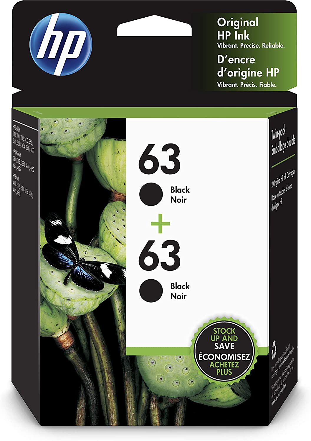 HP 63 | 2 Ink Cartridges | Black | Works with HP DeskJet 1112, 2100 Series, 3600 Series, HP ENVY 4500 Series, HP OfficeJet 3800 Series, 4600 Series, 5200 Series | F6U62AN