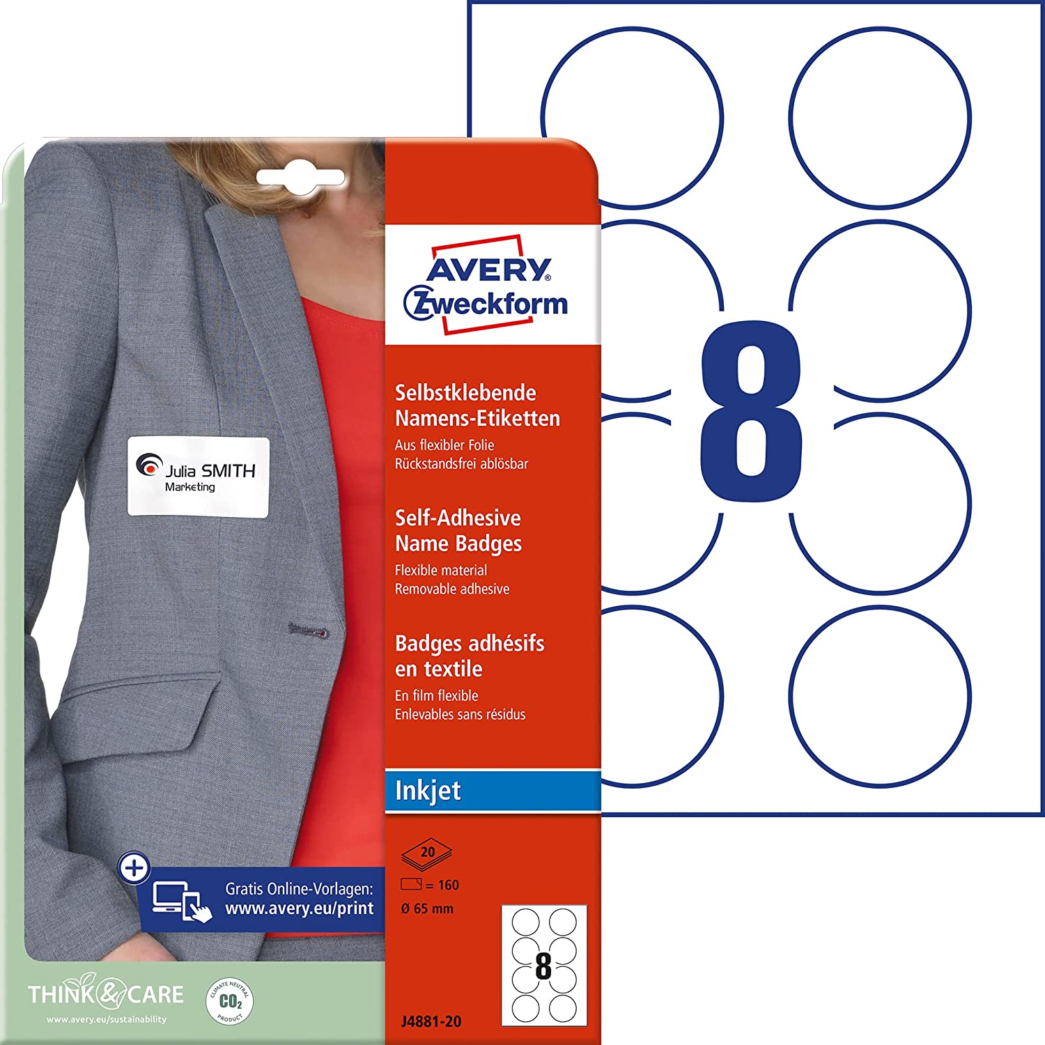 Avery Zweckform Name Labels (160 Name Stickers, Diameter 65 mm on DIN A4, Self-Adhesive, Printable Textile Labels for Inkjet Printers, Residue-Free Removable, Round, 20 Sheets J4881-20) White