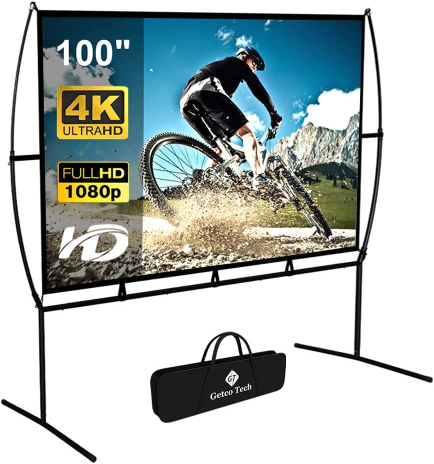 Projector Screen with Stand Foldable Portable Movie Screen 100 Inch（16：9）, HD 4K Double Sided Projection Screen Indoor Outdoor Projector Movies Screen for Home Theater (100 Inch) …