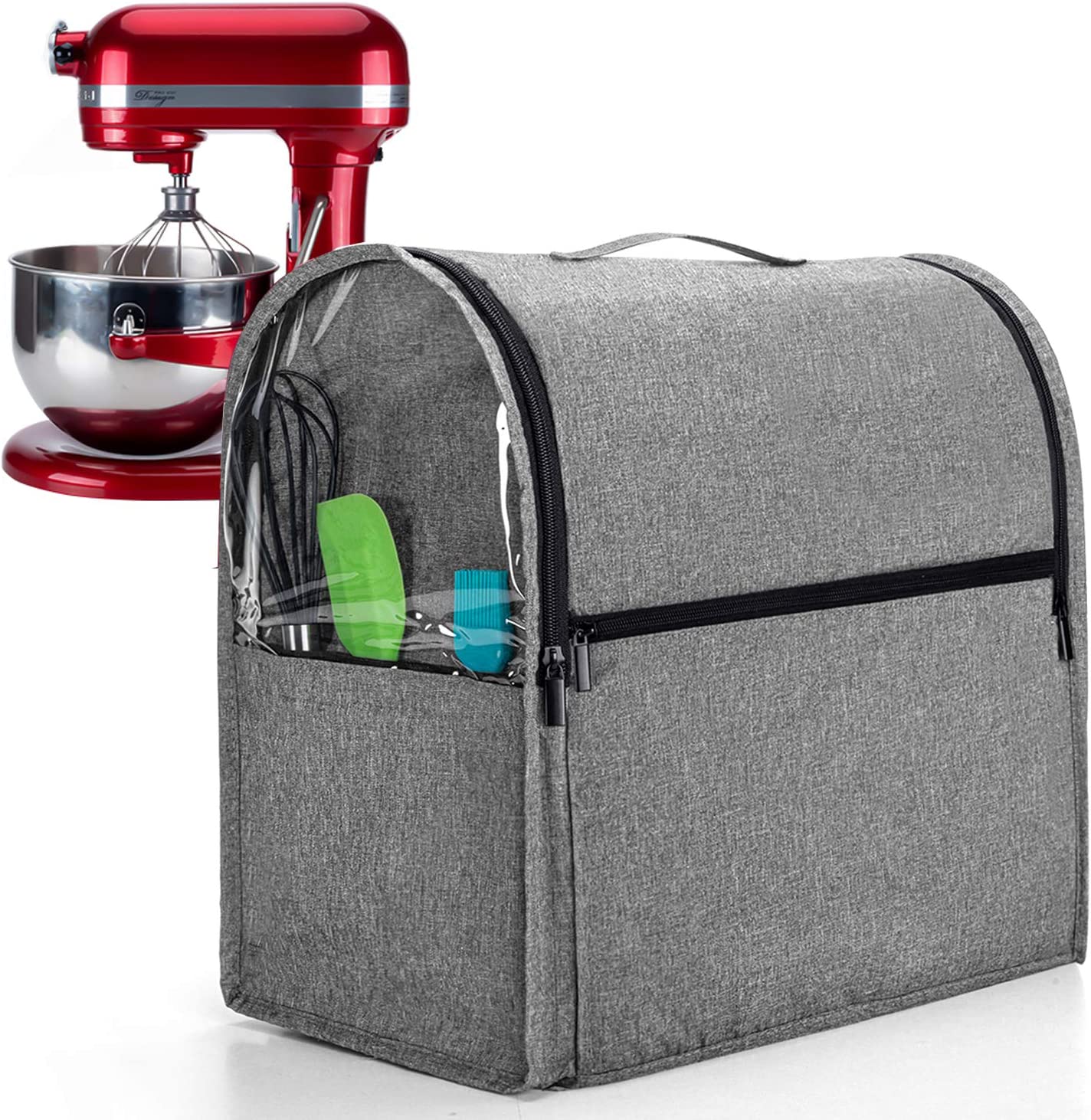 Luxja Dust Cover for 6-8 Quart KitchenAid Mixers (with Clear Side Zipper Pockets), Dust Cover with Top Handle for 6-8 Quart Stand Mixers and Extra Accessories, Gray