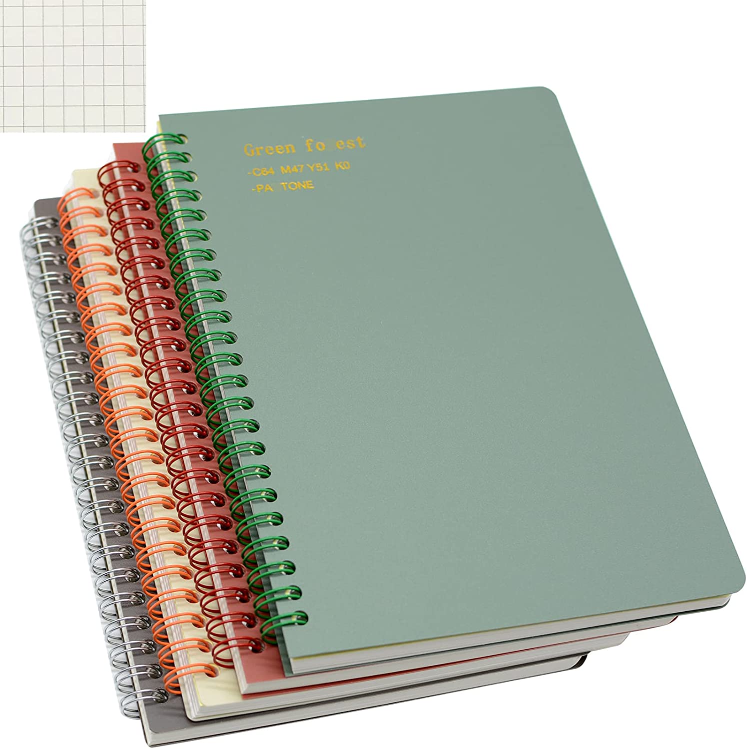 Spiral Notebook, 4 Pcs A5 Thick Plastic Hardcover Graph Paper 4 Color 80 Sheets -160 Pages Journals for Study and Notes (Grid-4pcs Wine Red,Brown,Green,ivory, A5)