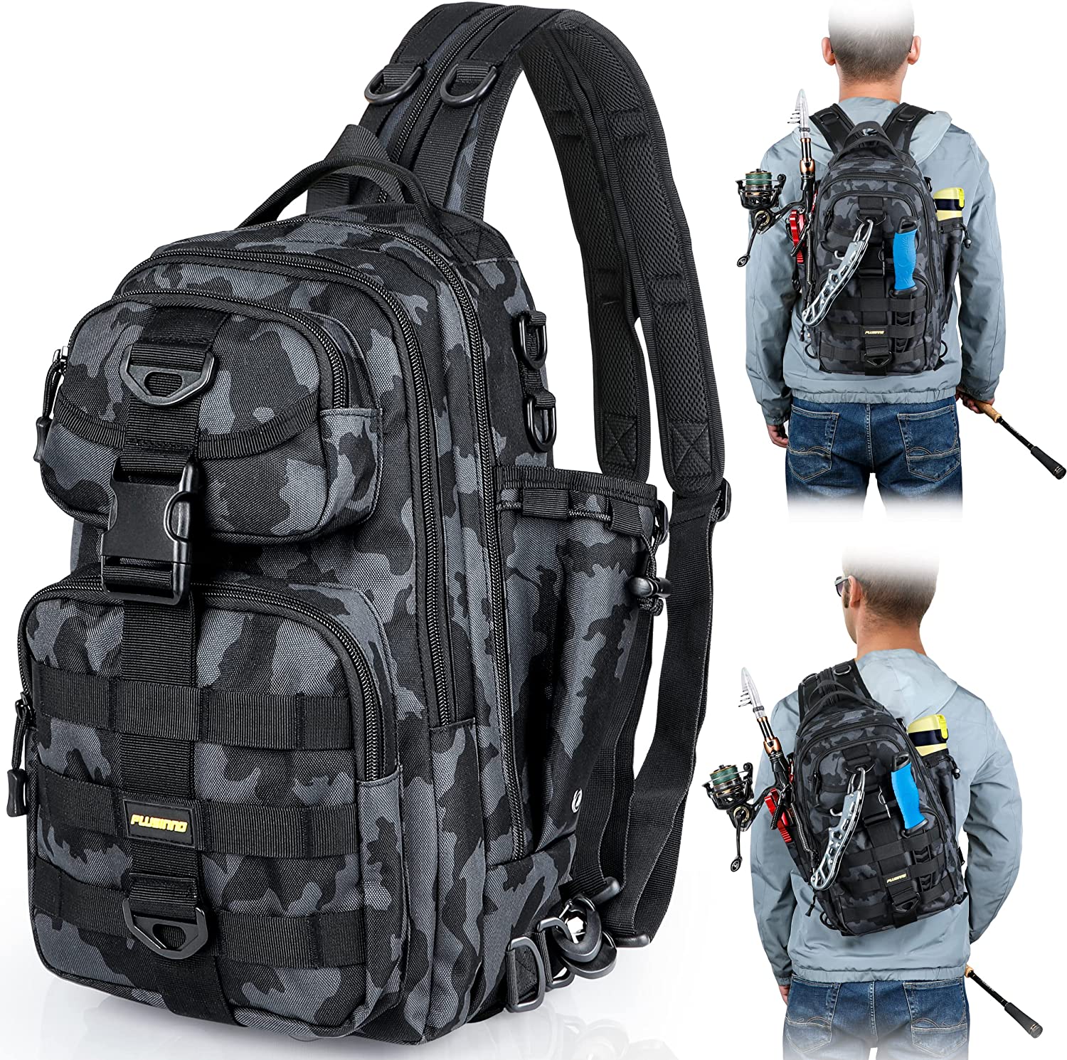 PLUSINNO Fishing Backpack Tackle Bag, Water-Resistant Fishing Backpack with Rod Holder, Large Fishing Bag for Fishing Gear, Ideal Fishing Gifts for Men…