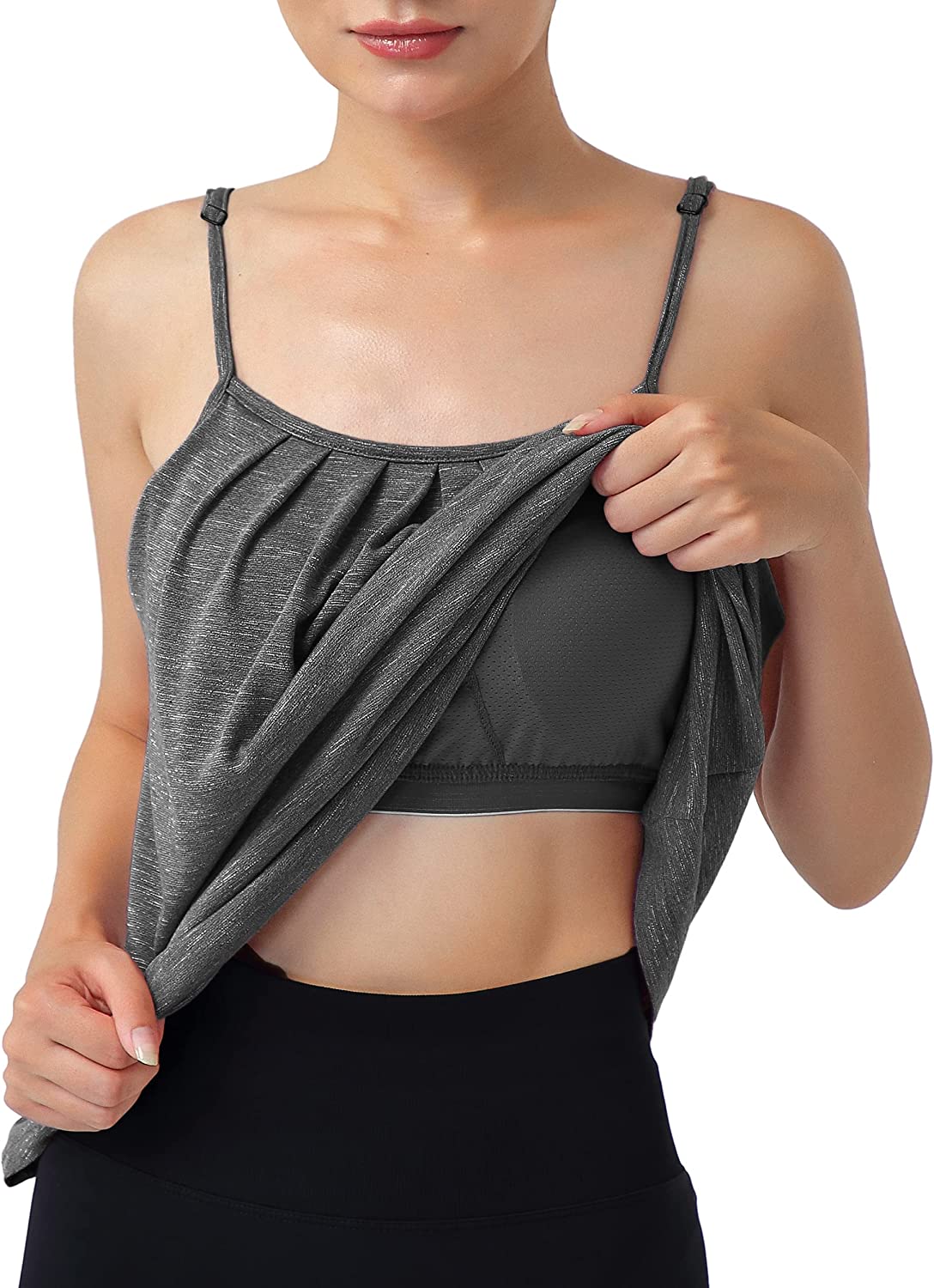 Hibelle Womens Built in Bra Camisole with Adjustable Spaghetti Straps,Pleated Front Flowy Summer Casual Tank Tops