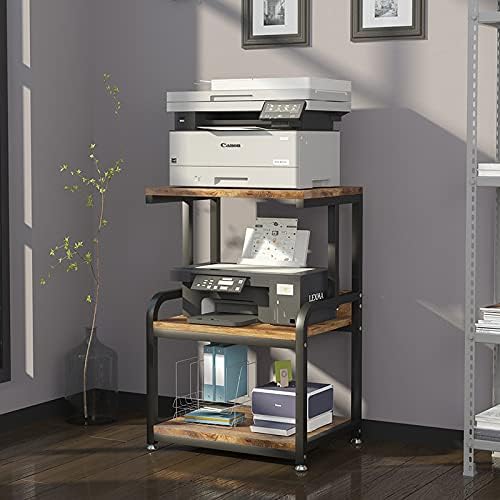 HOUYISHEYUE Home Printer Stand Vintage Printer Stand with 3 Tier Wood Storage Shelves Multi-Purpose Desk Organizer for Fax Machine, Scanner, Files, Books with Adjustable Anti-Skid Feet (Brown)