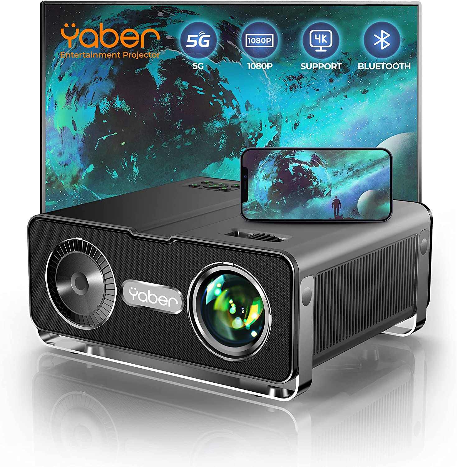 YABER V10 5G WiFi Bluetooth Projector, 15000L Full HD Native 1080P Projector 4K Support,Upgraded 4D/4P Keystone&Zoom, Home Theater&Outdoor Video Projector for Smartphone/TV Stick/PC/PPT/PS5
