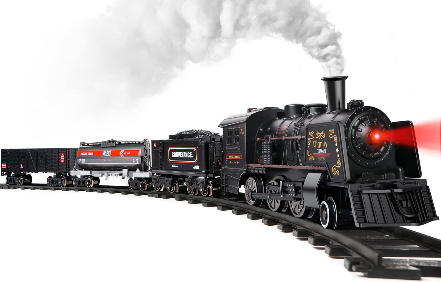 Hot Bee Model Train Set for Boys - Metal Alloy Electric Trains w/Steam Locomotive,Oil Tank Train,Cargo Cars & Tracks,Train Toys w/Smoke,Sounds & Lights,Christmas Toys for 3 4 5 6 7+ Years Old Kids