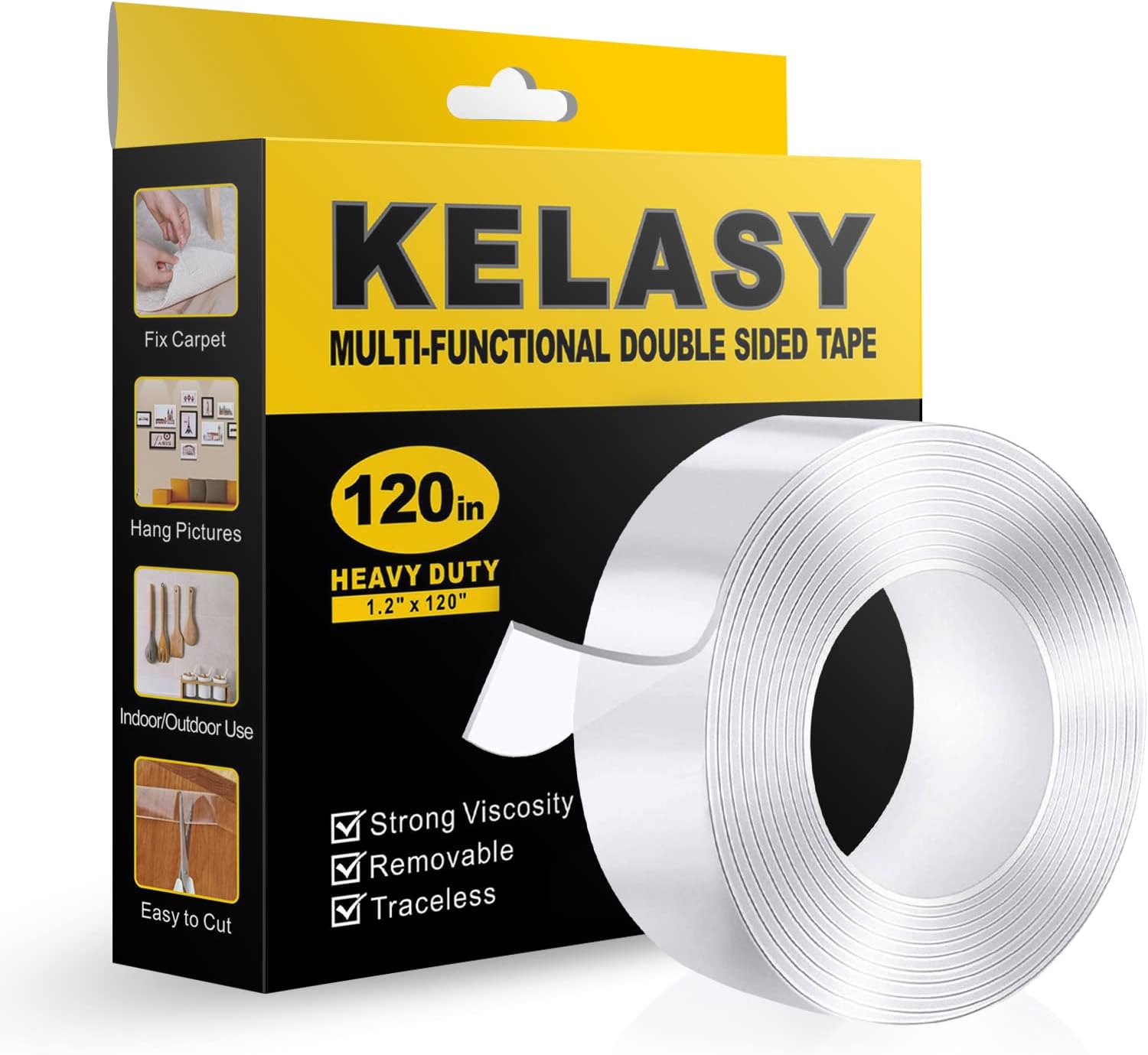Double Sided Tape Heavy Duty,1.2" x 120", Removable Nano Adhesive Mounting Tape for Walls, Reusable Tough Adhesive Strips Sticky Tape, Transparent Poster Tape Wall Tape for Picture Carpet Decoration