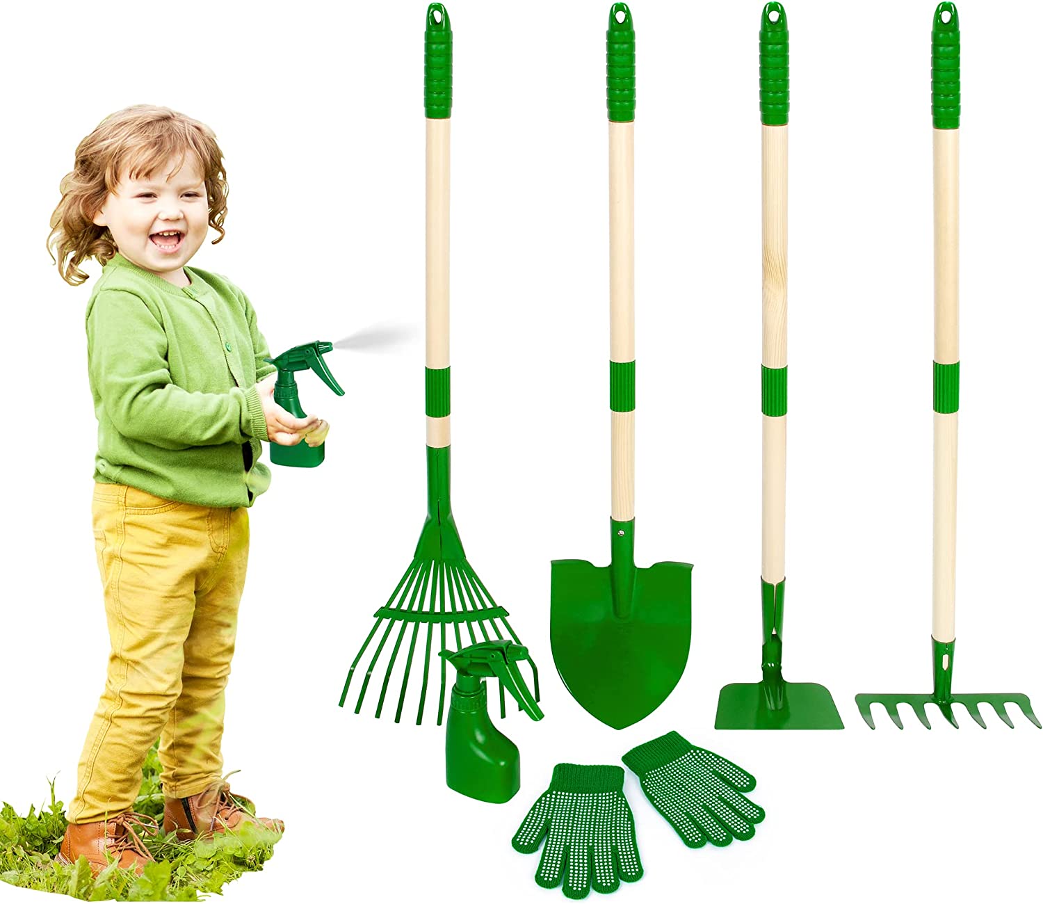 Duckura 6pcs Kids Garden Tools Set, Garden Tool for Kids, Shovel, Rake, Hoe, Leaf Rake, Gardening Gloves, Summer Outdoor Backyard Toys, Birthday Easter Gifts for Boys Girls Age 3 4 5 Years Old