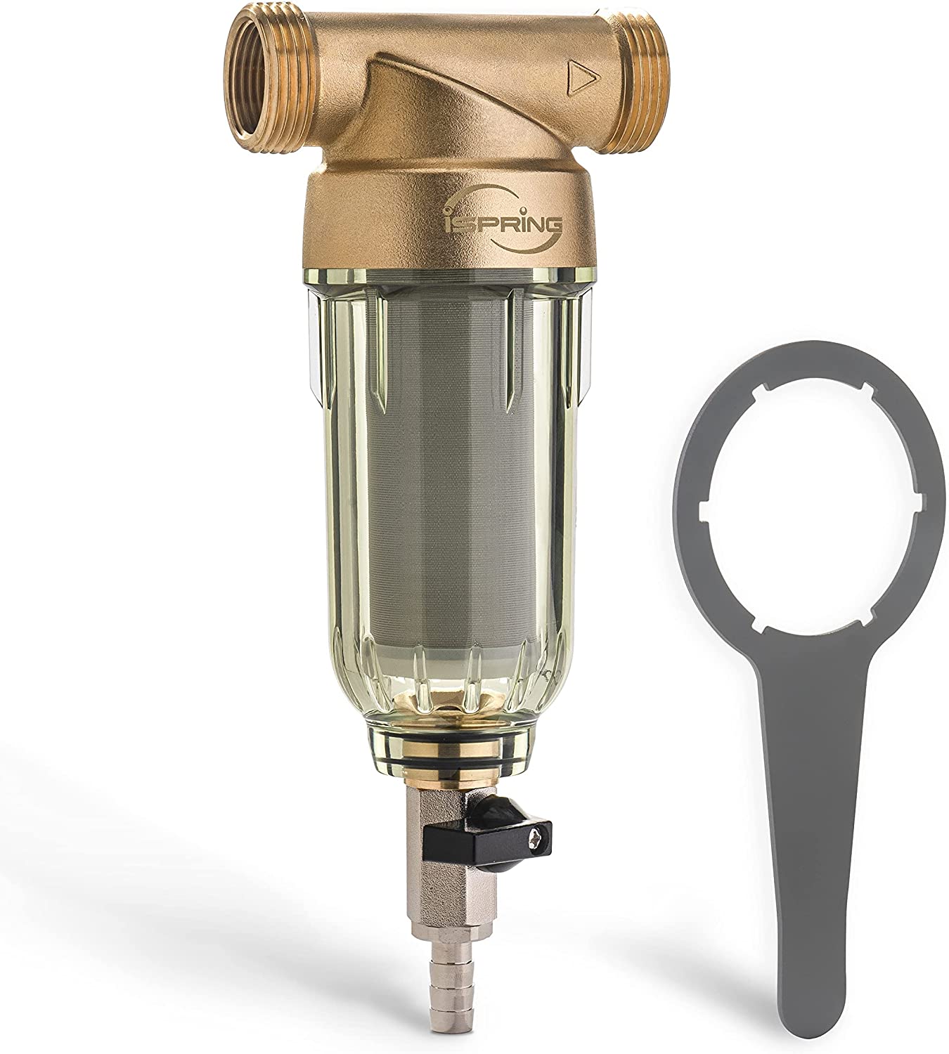 iSpring WSP-50 Reusable Whole House Spin Down Sediment Water Filter, 50 Micron Flushable Prefilter Filtration, 1" MNPT + 3/4" FNPT, Lead-Free Brass