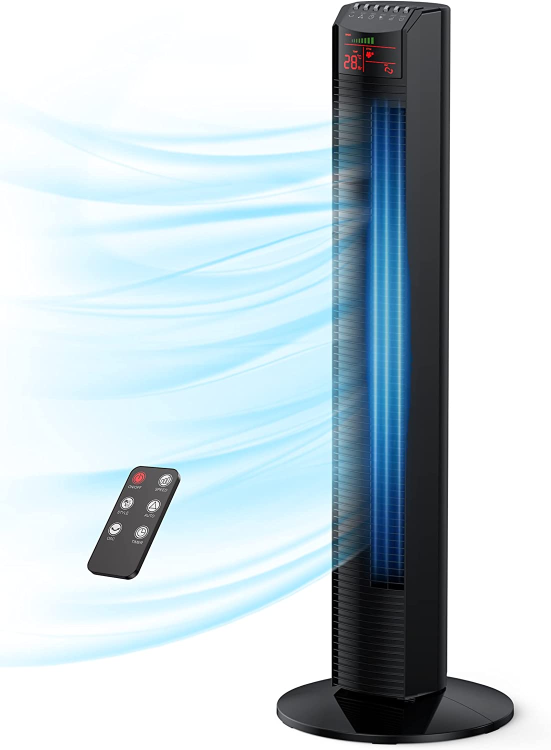 Tower Fan, 36”Oscillating Bladeless Fans with Remote, Quiet Cooling, 3 Modes, Multiple Speed Settings,12H Timer, LED Display with Auto Off,Black Portable Floor Fan for Bedroom Living Rooms Office