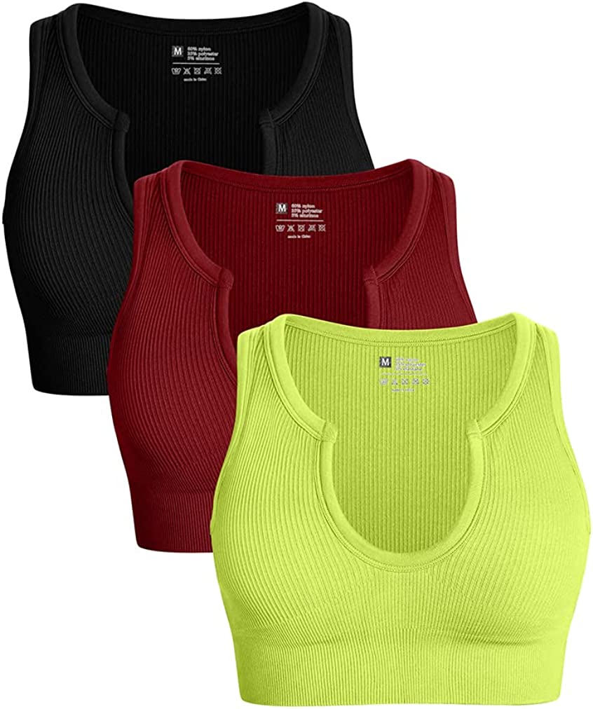 OQQ Women's 3 Piece Medium Support Crop Top Seamless Ribbed Removable Cups Workout Yoga Sport Bra