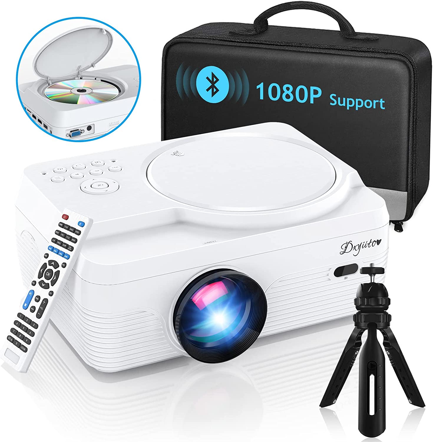 Full HD Bluetooth Projector Built in DVD Player, 8500LM 1080P Supported, Portable Mini DVD Projector for Outdoor Movies, 250" Home Theater, Compatible with iOS/Android/TV Stick/PS4/HDMI/USB/TF Card