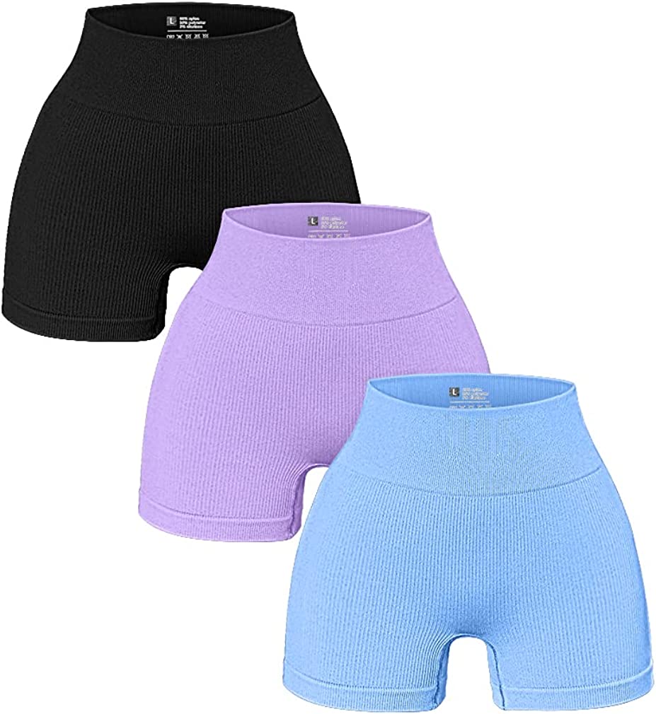 OQQ Women's 3 Piece Yoga Shorts Ribbed Seamless Workout High Waist Athletic Leggings