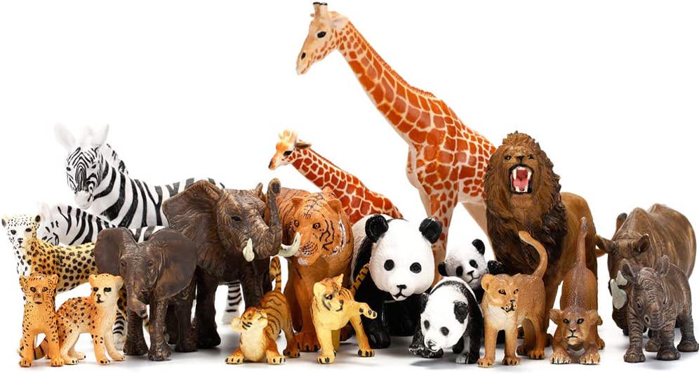 Safari Animals Figures Toys 20 Piece, Realistic Plastic Animals Figurines, African Zoo Wild Jungle Animals Playset with Elephant, Giraffe, Lion, Tiger for Kids Party Supplies Cake Topper