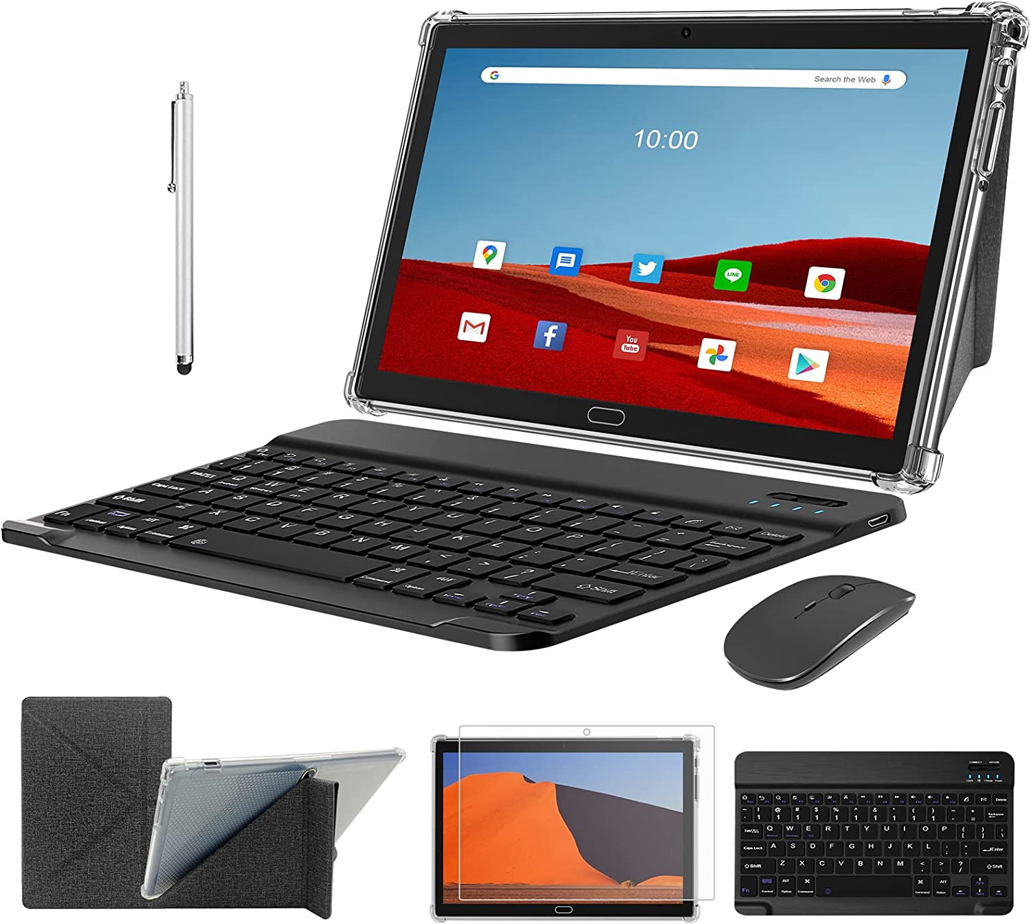 Tablet 2026 Newest 2 in 1 Tablet 10 inch Android 11 4G Cellular Tablet with Dual Sim Card Slot 4GB+64GB+512GB Expandable Storage Octa-Core 13MP Camera WIFI Tablet with Keyboard Mouse Stylus(Black)