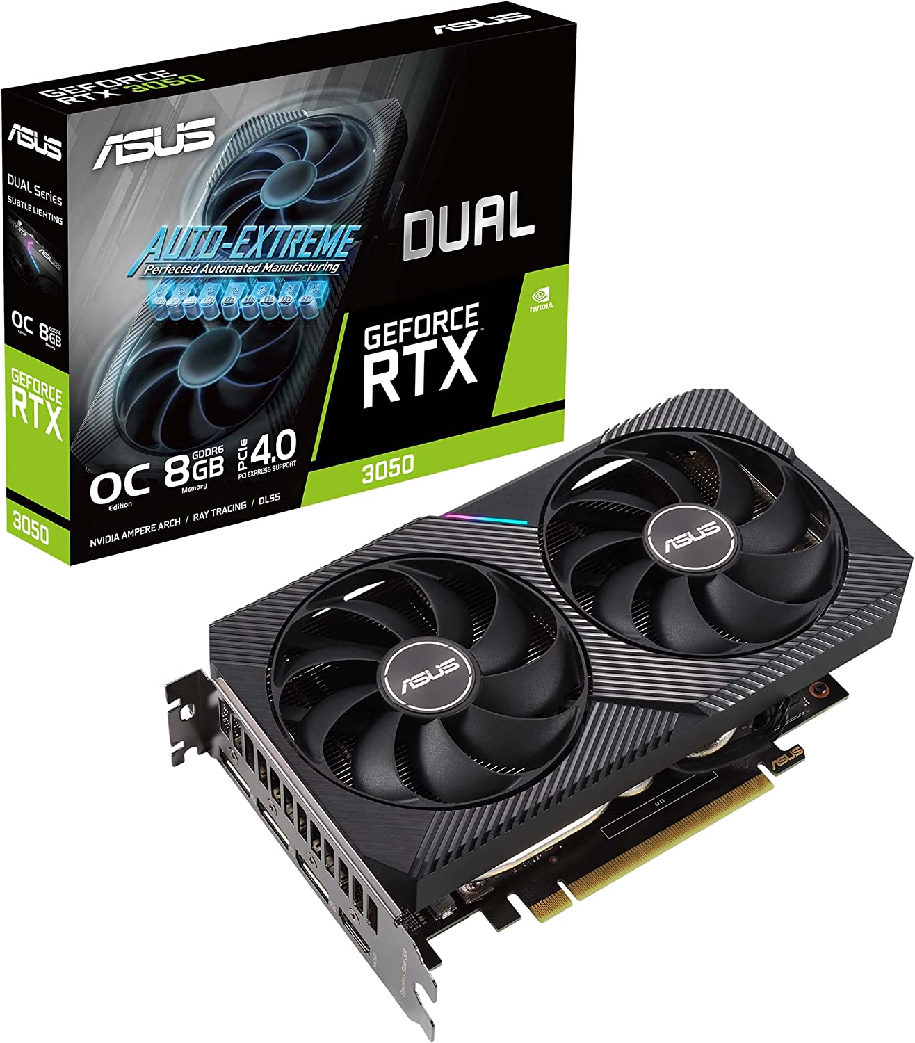 ASUS Dual NVIDIA GeForce RTX 3050 OC Edition Gaming Graphics Card - PCIe 4.0, 8GB GDDR6 Memory, HDMI 2.1, DisplayPort 1.4a, 2-Slot, Axial-tech Fan Design, 0dB Technology, Steel Bracket