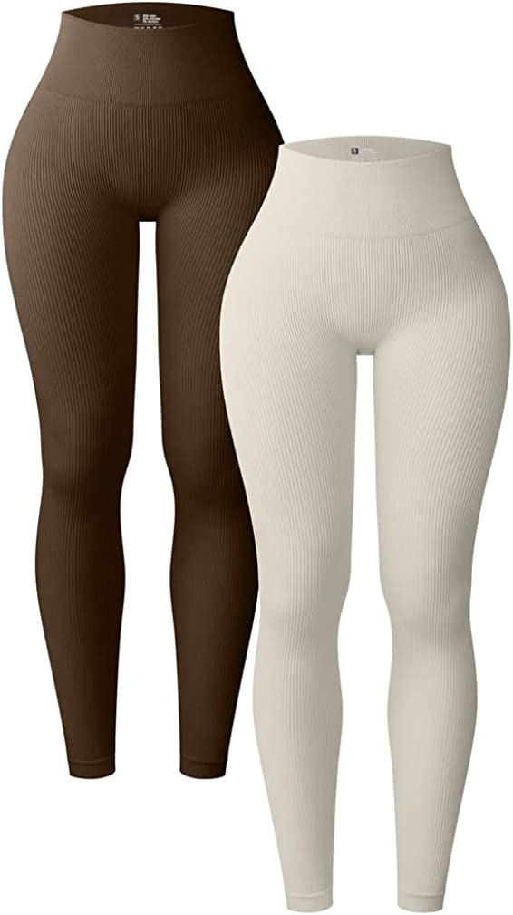OQQ Women's 2 Piece Yoga Leggings Ribbed Seamless Workout High Waist Athletic Pants