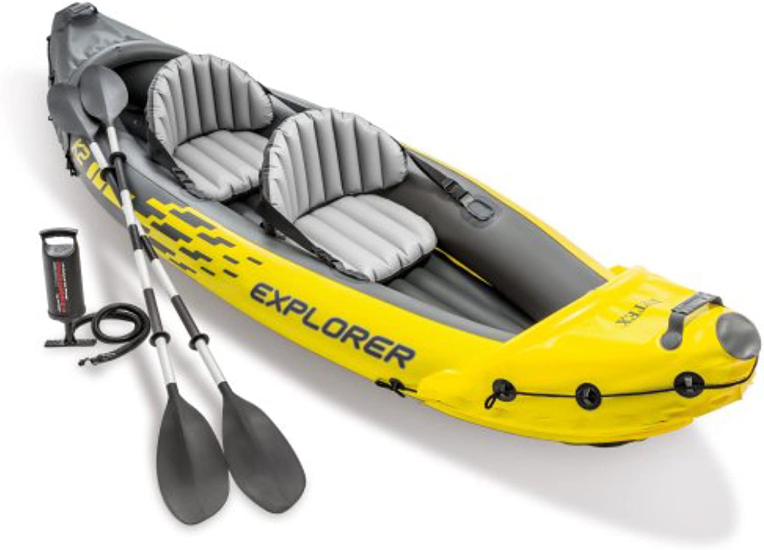 Explorer K2 Kayak, 2-Person Inflatable Kayak Set with Aluminum Oars, Manual and Electric Pumps…