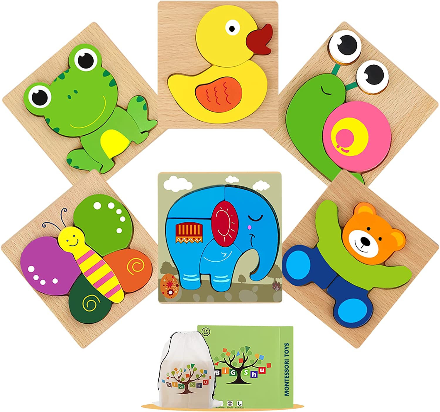 Montessori Toys for 1+ Year Old,Toddler Toys Age 1 2 3 Year Old Boy Girl, Wooden Puzzles for Toddlers 1-3,Learning Educational STEM Sensory Toys,6 Animal Jigsaw Puzzles Games Baby Toys Boy Girl Gifts