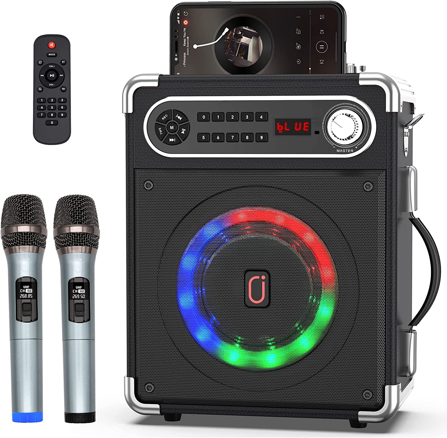 JAUYXIAN Bluetooth Speaker with Two Wireless Microphones, Outdoor Speaker with Subwoofer/Tweeter, Portable PA Speaker System with Remote Control, Discol Lights, FM, REC for Home, Party