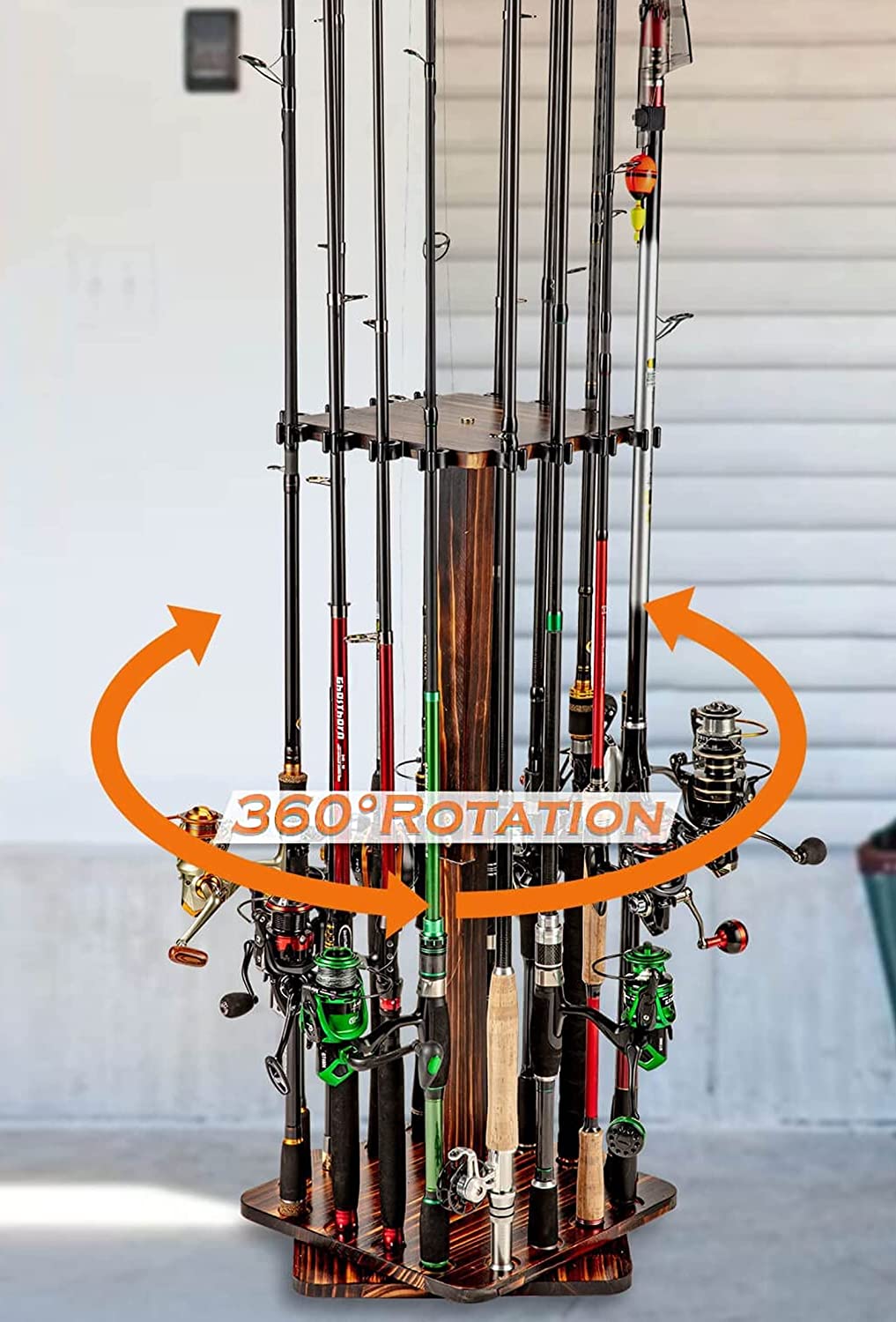 Ghosthorn Fishing Rod Holders for Garage 360 Degree Rotating Fishing Pole Rack, Floor Stand Holds up to 16 Rods Wood Fishing Gear Equipment Storage Organizer, Fishing Gifts for Men
