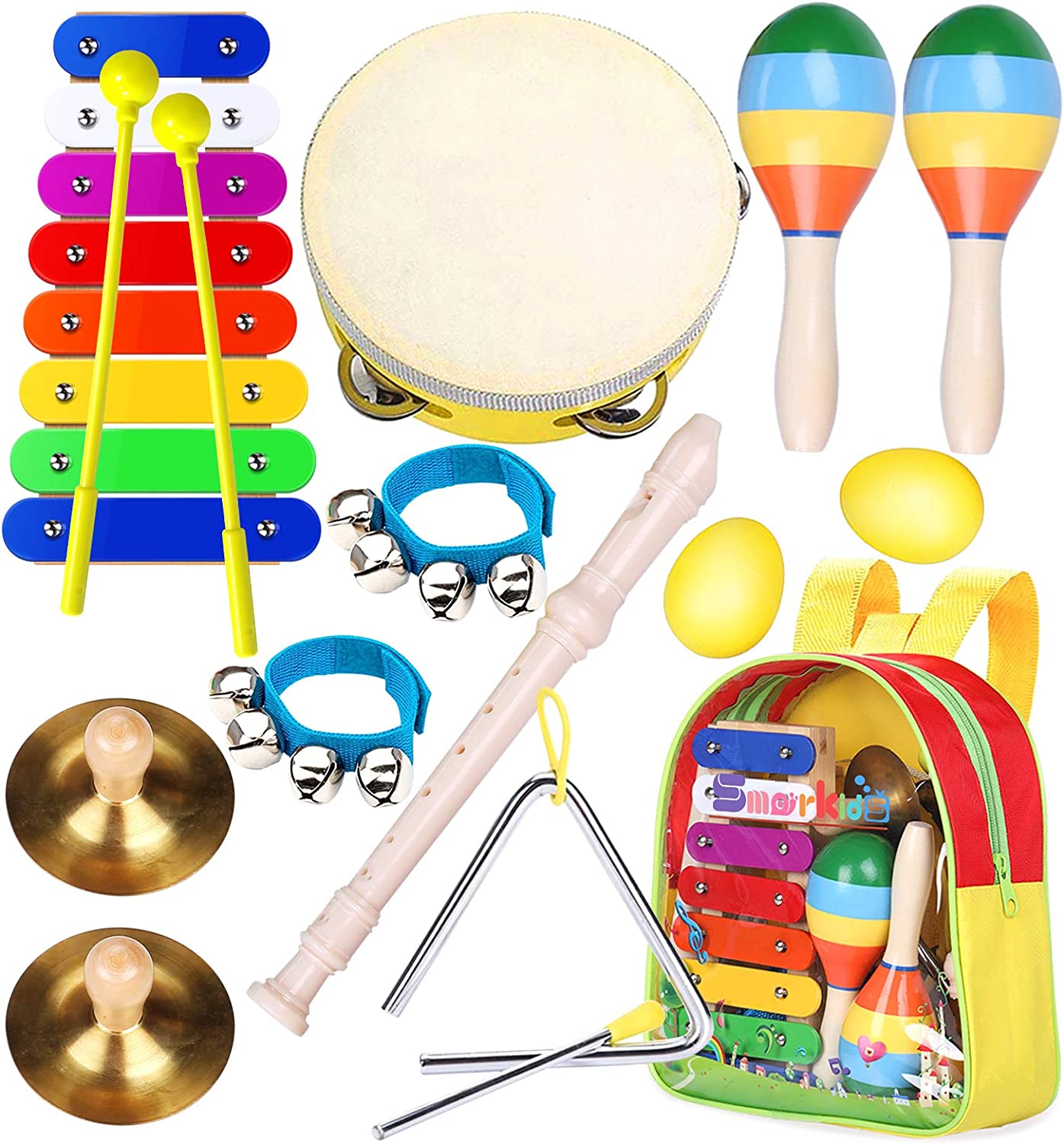 Smarkids Toddler Musical Instruments Toys Premium Accurately Tuned Percussion Musical Instruments for Kids Children Educational Toy Set for Boys& Girls with Xylophone Flute Tambourine Maraca Backpack