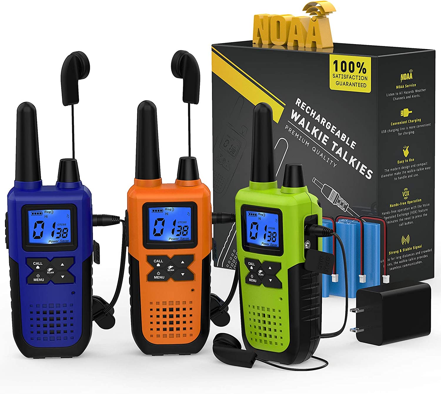 3 Long Range Walkie Talkies Rechargeable for Adults - NOAA 2 Way Radios Walkie Talkies 3 Pack - Long Distance Walkie-Talkies with Earpiece and Mic Set Headsets USB Charger Battery Weather Alert