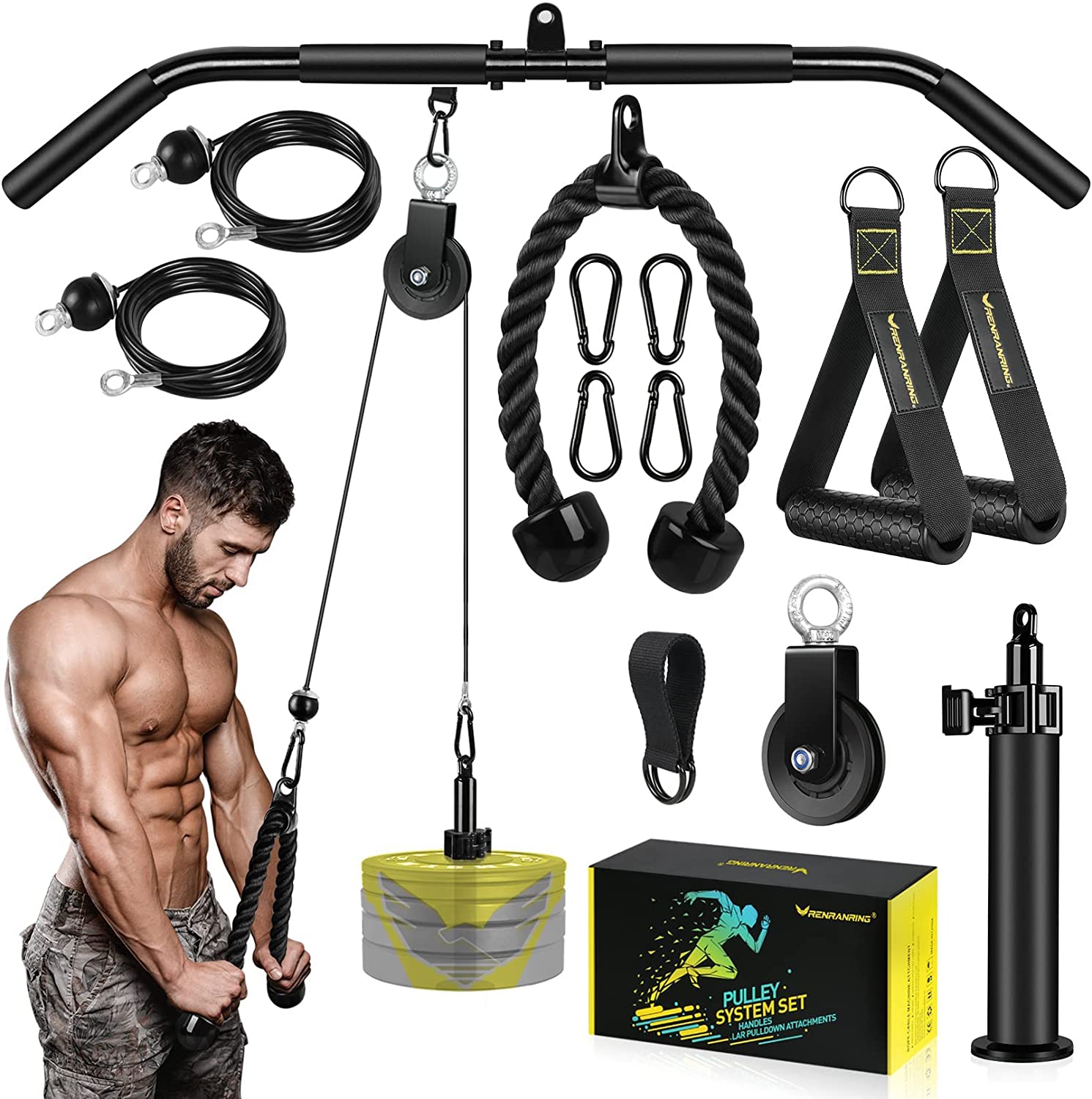 Fitness LAT and Lift Pulley System Gym - Upgraded LAT Pull Down Cable Machine Attachments, Loading Pin, Handle and Tricep Rope, for Biceps Curl, Forearm, Triceps Exercise Gym Equipment