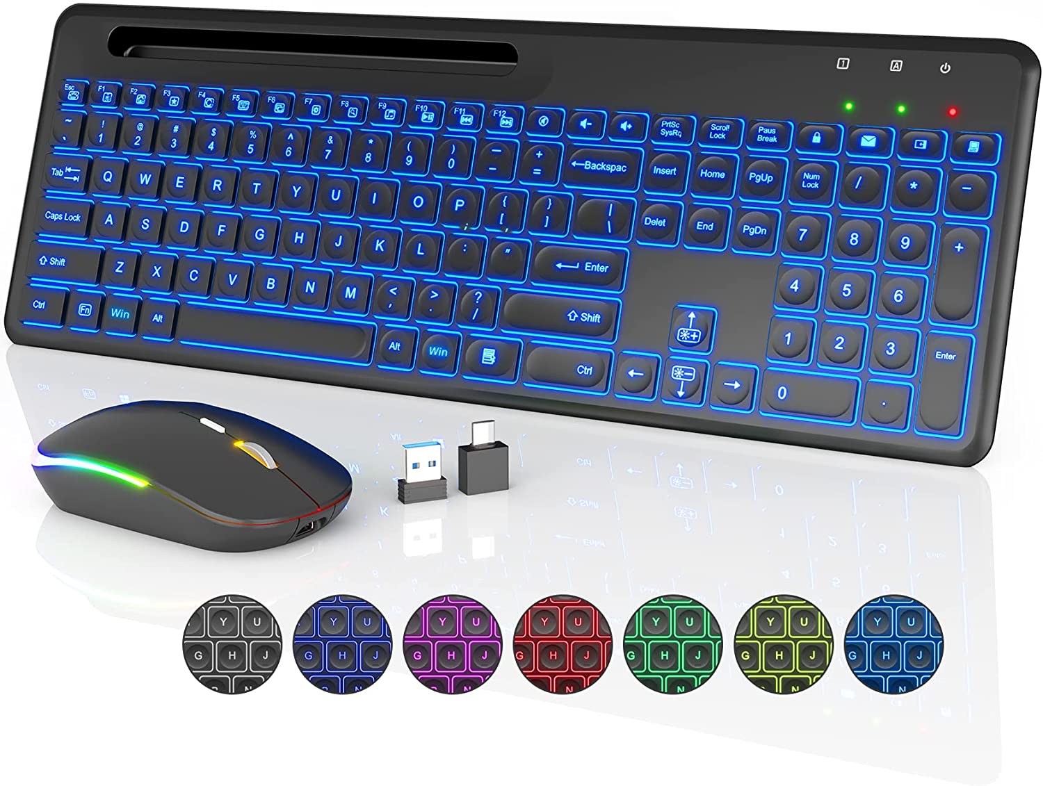 Wireless Keyboard and Mouse Backlit - Slim Keyboard with Phone Holder, Lighted Keys - Silent Rechargeable Cordless Mouse Combo for MacBook, PC, Laptop, Chromebook, by SABLUTE