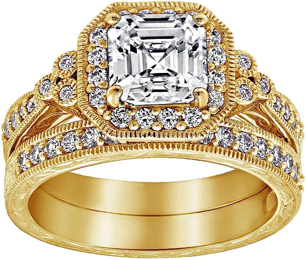  Collection Platinum-Plated Sterling Silver Antique Ring set with Asscher-Cut Infinite Elements Cubic Zirconia
