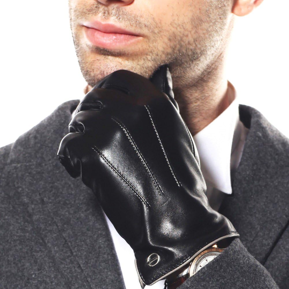 ELMA Winter Leather Gloves for Men - Mens Cashmere/Fleece Lined Glove for Motorcycle Driving Riding Black Brown