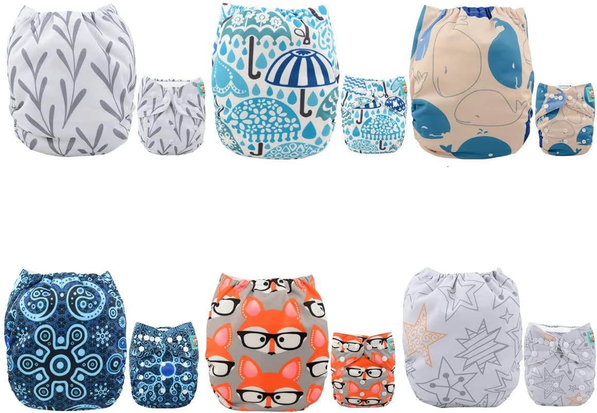 ALVABABY Baby Cloth Diapers 6 Pack with 12 Inserts One Size Adjustable Washable Reusable for Baby Girls and Boys 6DM26