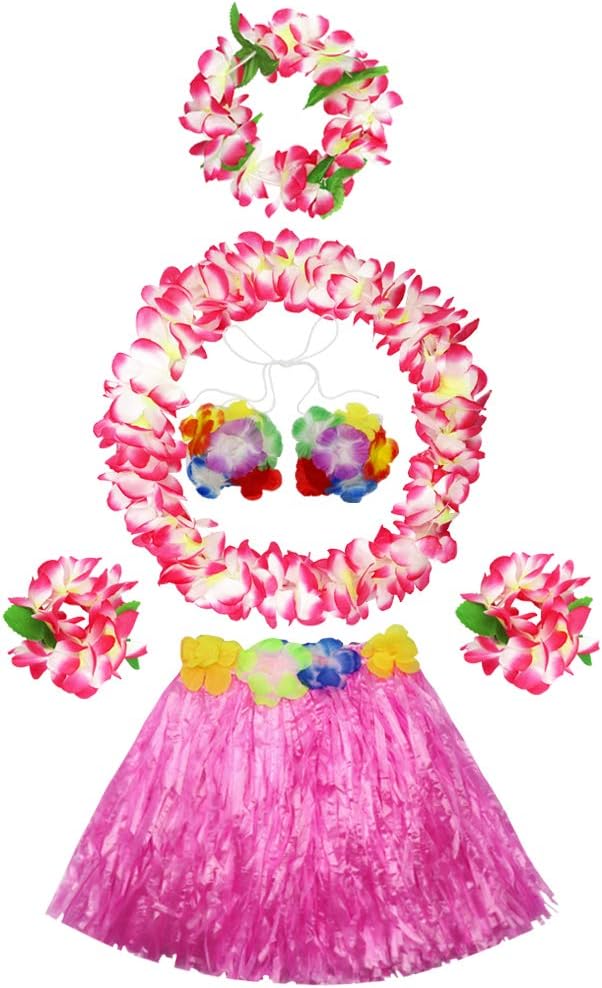 Fighting to Achieve 30cm Hawaiian pink Grass Skirt Performance Costume Set for Girls