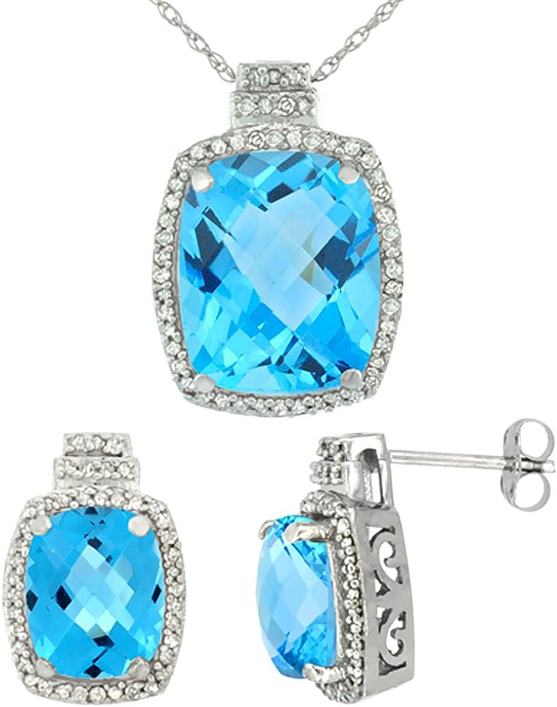 Silver City Jewelry 10K White Gold Diamond Natural Swiss Blue Topaz 8x6mm Earring & 11x9mm Pendant Set Octagon Cushion