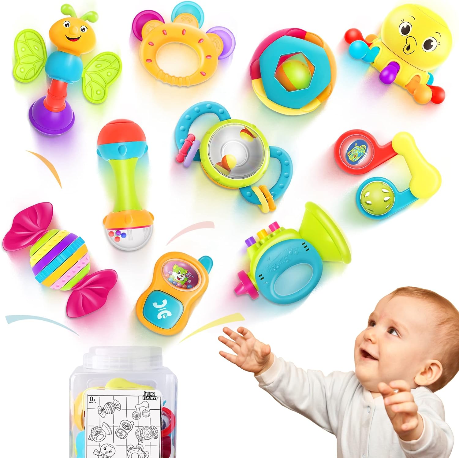 iPlay, iLearn 10pcs Baby Rattles Toys Set, Infant Grab N Shake Rattle, Sensory Teether, Development Learning Music Toy, Newborn First Birthday Gifts for 0 1 2 3 4 5 6 7 8 9 10 12 Month Babies Boy Girl