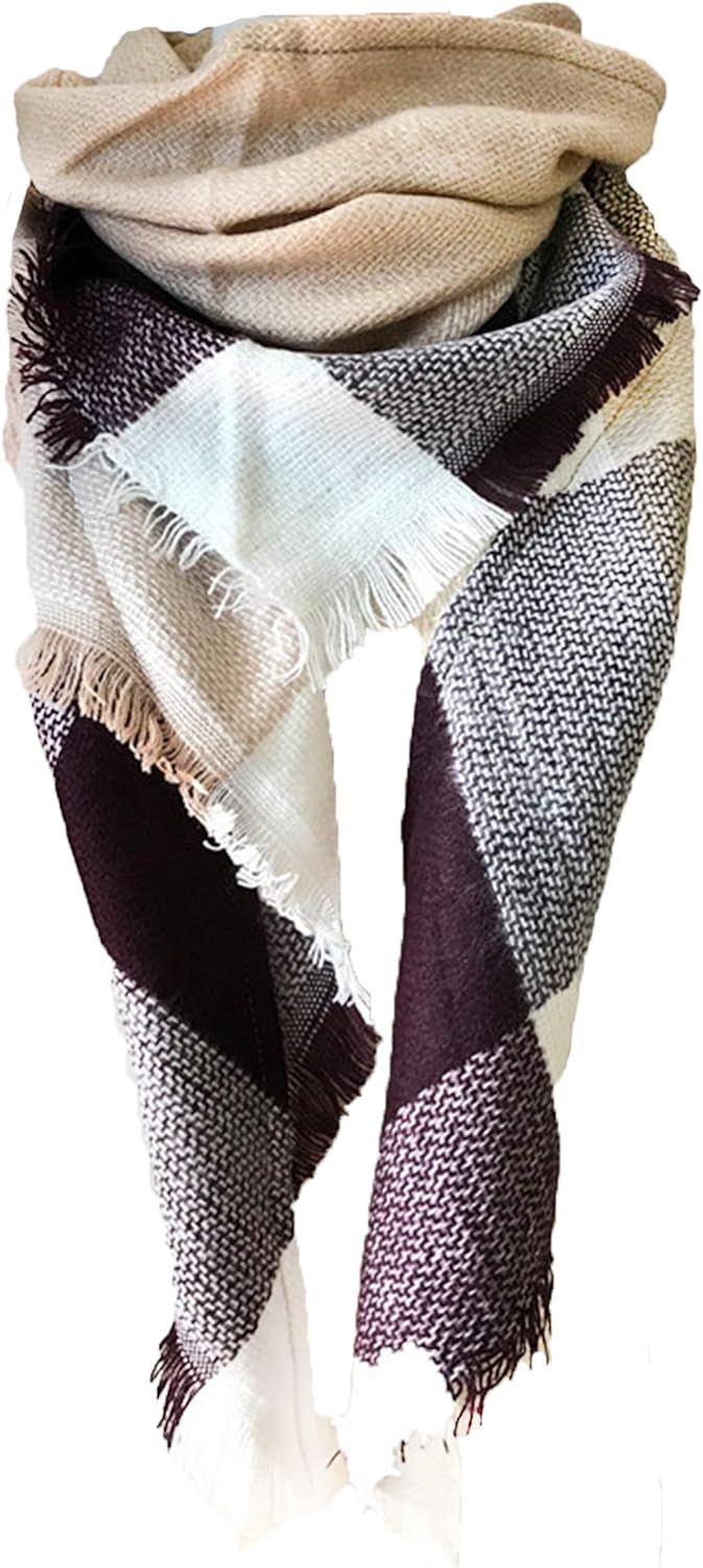 Wander Agio Womens Warm Long Shawl Winter Wraps Large Scarves Knit Cashmere Feel Plaid Triangle Scarf