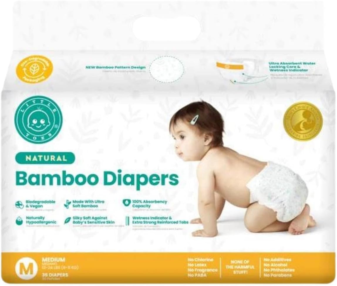 Little Toes Natural Disposable Bamboo Viscose Diapers ? Premium Quality ? Hypoallergenic ? Pure Comfort ? Eco-Friendly ? Sustainable ? Size 2-3 Medium ? 36 Pack