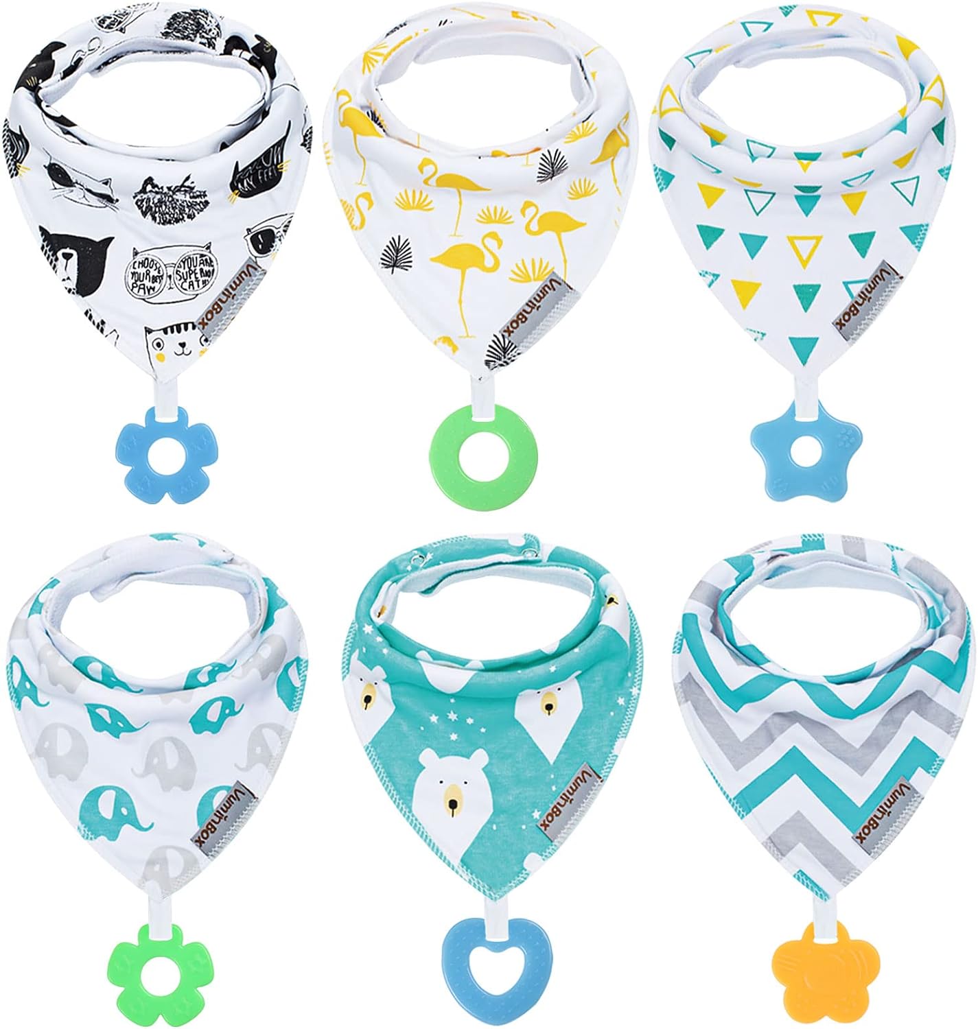 vuminbox Baby Bandana Drool Bibs 6-Pack and Teething Toys 6-Pack Made with 100% Organic Cotton, Absorbent and Soft Unisex