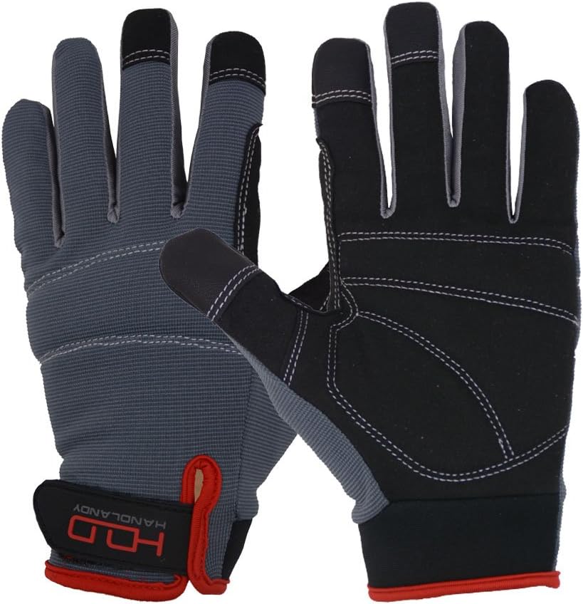 HANDLANDY Mens Work Gloves Touch screen, Synthetic Leather Utility Gloves, Flexible Breathable Fit- Padded Knuckles & Palm (Large)