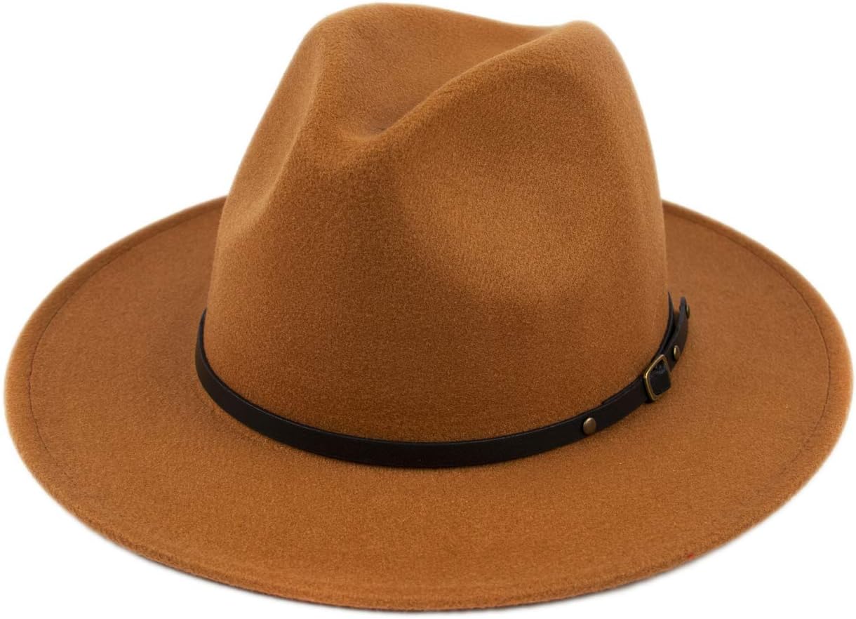 Lanzom Womens Classic Wide Brim Floppy Panama Hat Belt Buckle Wool Fedora Hat Fit Size 6 8/7-7 1/4